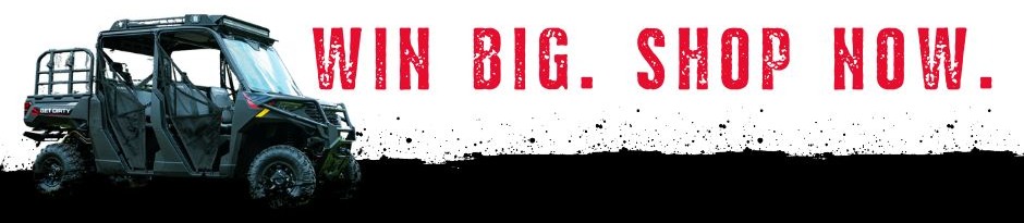 the Polaris Ranger against a white backdrop. Red text reads: Win Big. Shop Now.