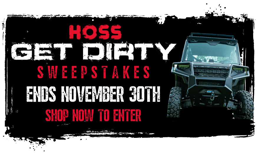 HOSS Get Dirty Sweepstakes graphic featuring a black Polaris off-road vehicle with text that reads “Ends November 30th — Shop Now to Enter.”