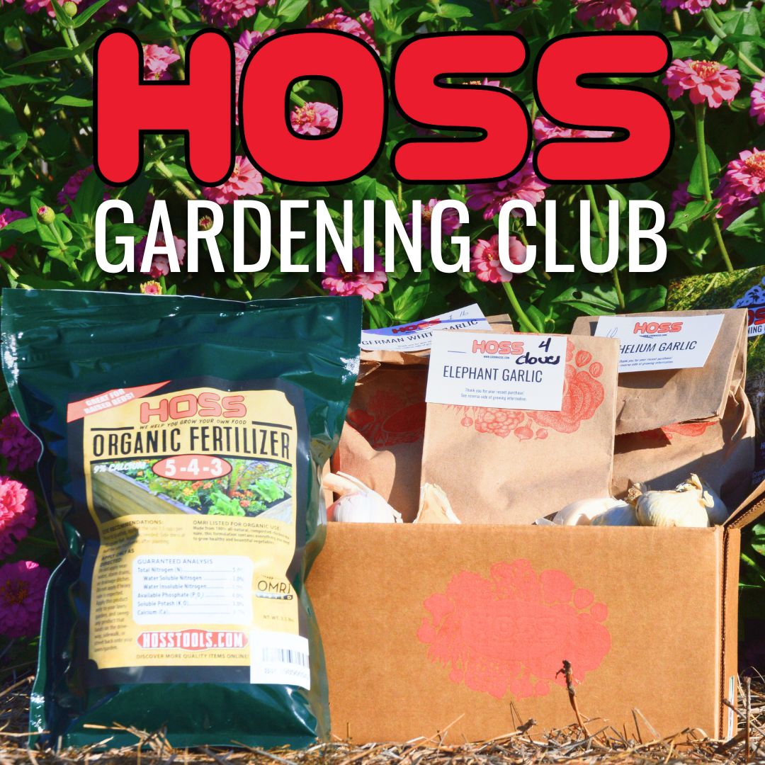 HOSS Gardening Club box with fertilizer and garlic seed packs displayed outdoors with flowers behind.