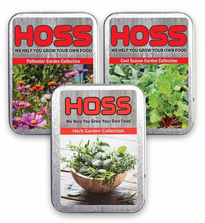 Three sets of seed collection tins - the Pollinator Garden Collection, the Cool Season Garden Collection, and the Herb Garden Collection- all displayed on a white backdrop. 