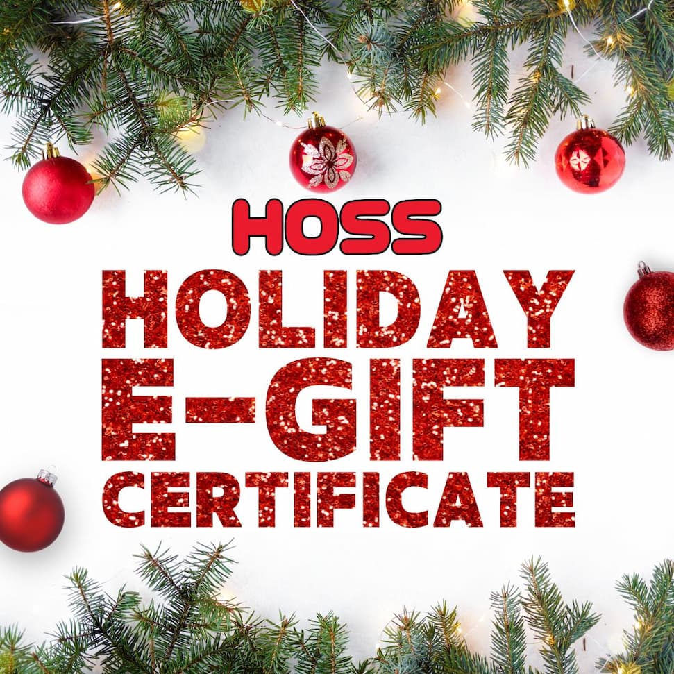 “HOSS Holiday E-Gift Certificate” text in red glitter lettering with Christmas ornaments and pine branches decorating the top and bottom.