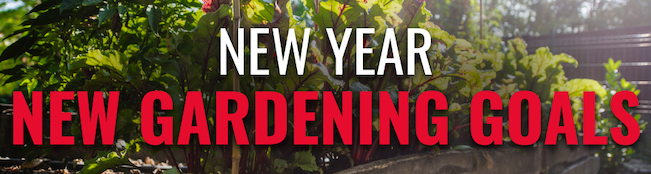 Banner with text that reads “New Year, New Gardening Goals” over a lush green garden.  