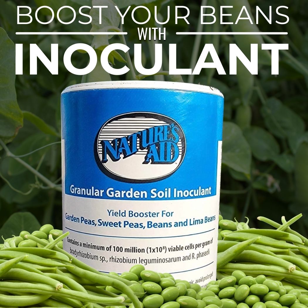 Nature’s Aid granular garden soil inoculant container displayed with green beans and peas, with text “Boost Your Beans with Inoculant.”  