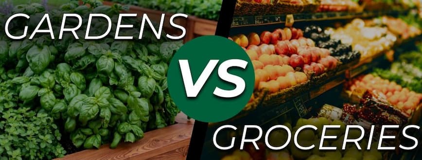 Split image comparing a lush garden bed of basil plants with a grocery store produce display, with text reading "Gardens vs Groceries."