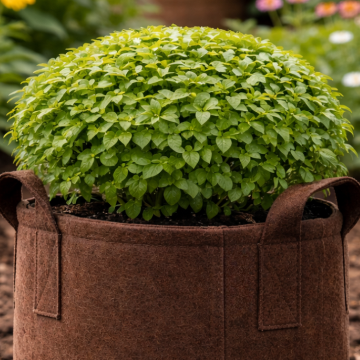 Compact Greg Greek Basil plant growing in a brown root pouch with a dense rounded shape.