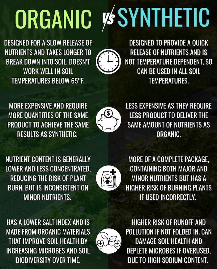 Infographic titled Organic vs Synthetic, comparing the two fertilizer types across four categories: release time/temperature, cost, nutrient concentration, and long-term soil health impact.