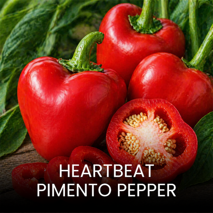 Bright red, heart-shaped pimento peppers with one sliced open to show seeds and thick walls.