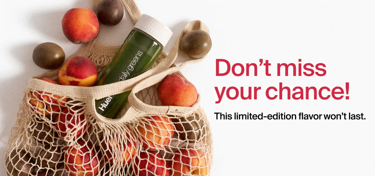 Fresh peaches and passionfruits in a produce back with a daily greens shaker. Don't miss your chance! This flavor won't last.