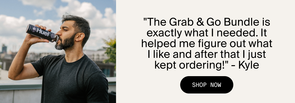 Image of man drinking huel and quote 