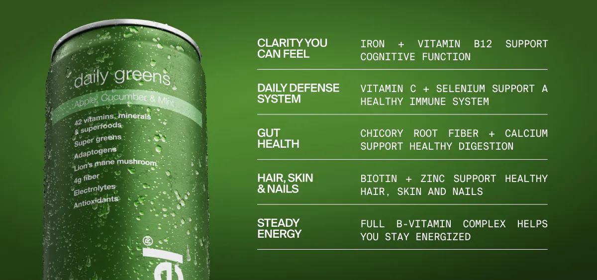 Close-up Huel Daily Greens can with callouts highlighting benefits for focus, immunity, digestion, skin, and energy.