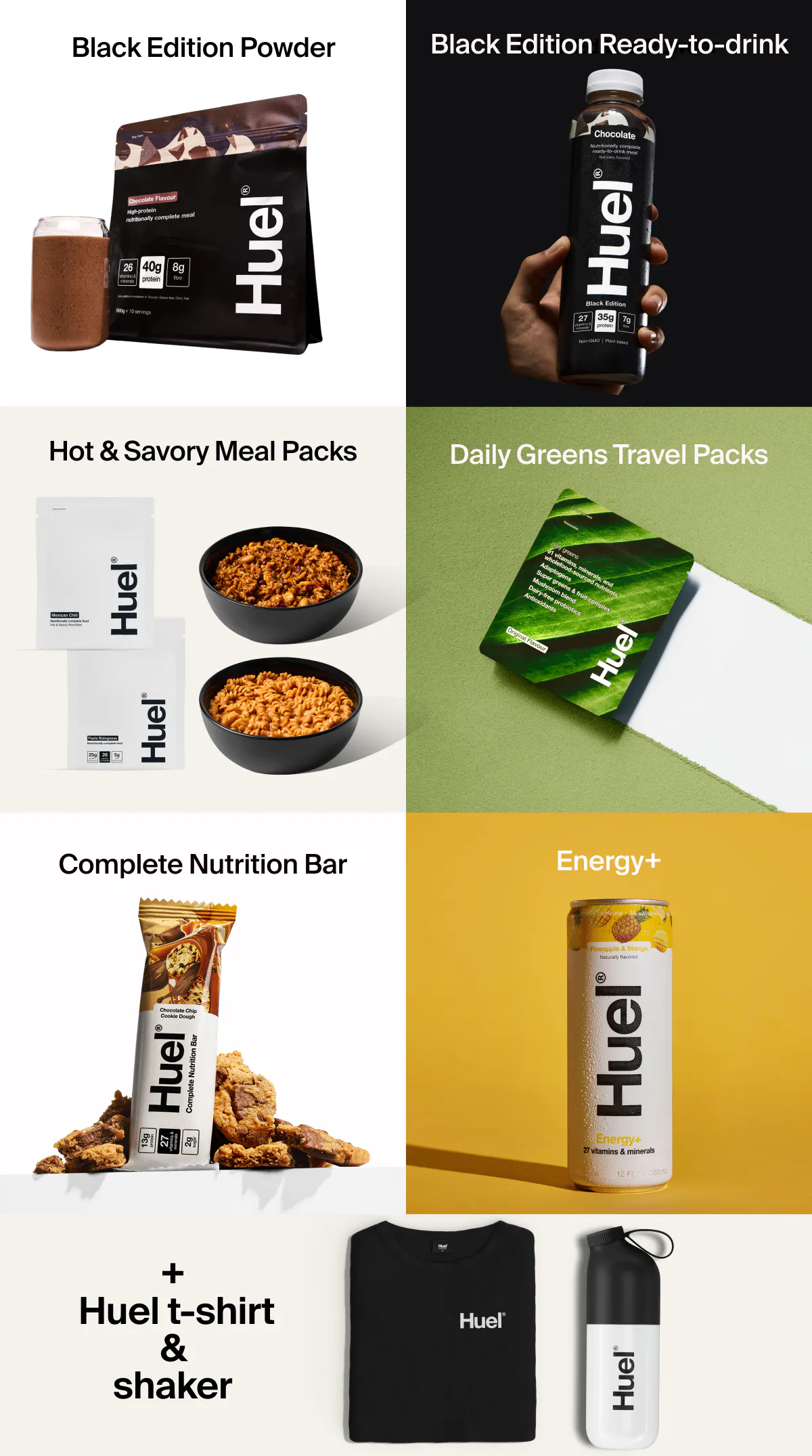 Huel bundle: Black Edition Powder, Ready-to-drink, Hot & Savory, Daily Greens, Bar, Energy+, t-shirt & shaker.