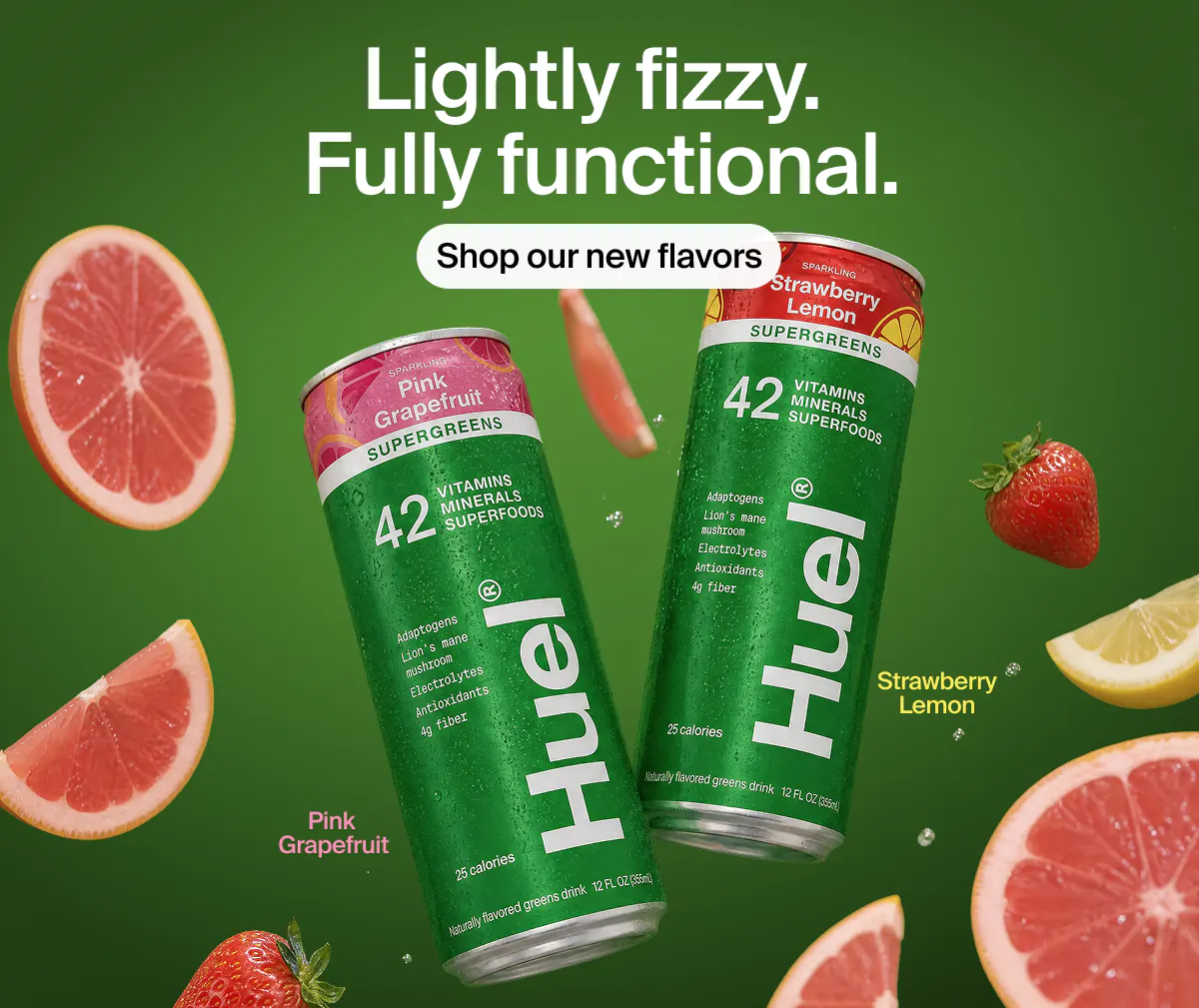 Huel Daily Greens Ready-to-Drink now available in Pink Grapefruit and Strawberry Lemon flavors, with 42 vitamins, minerals, and superfoods.