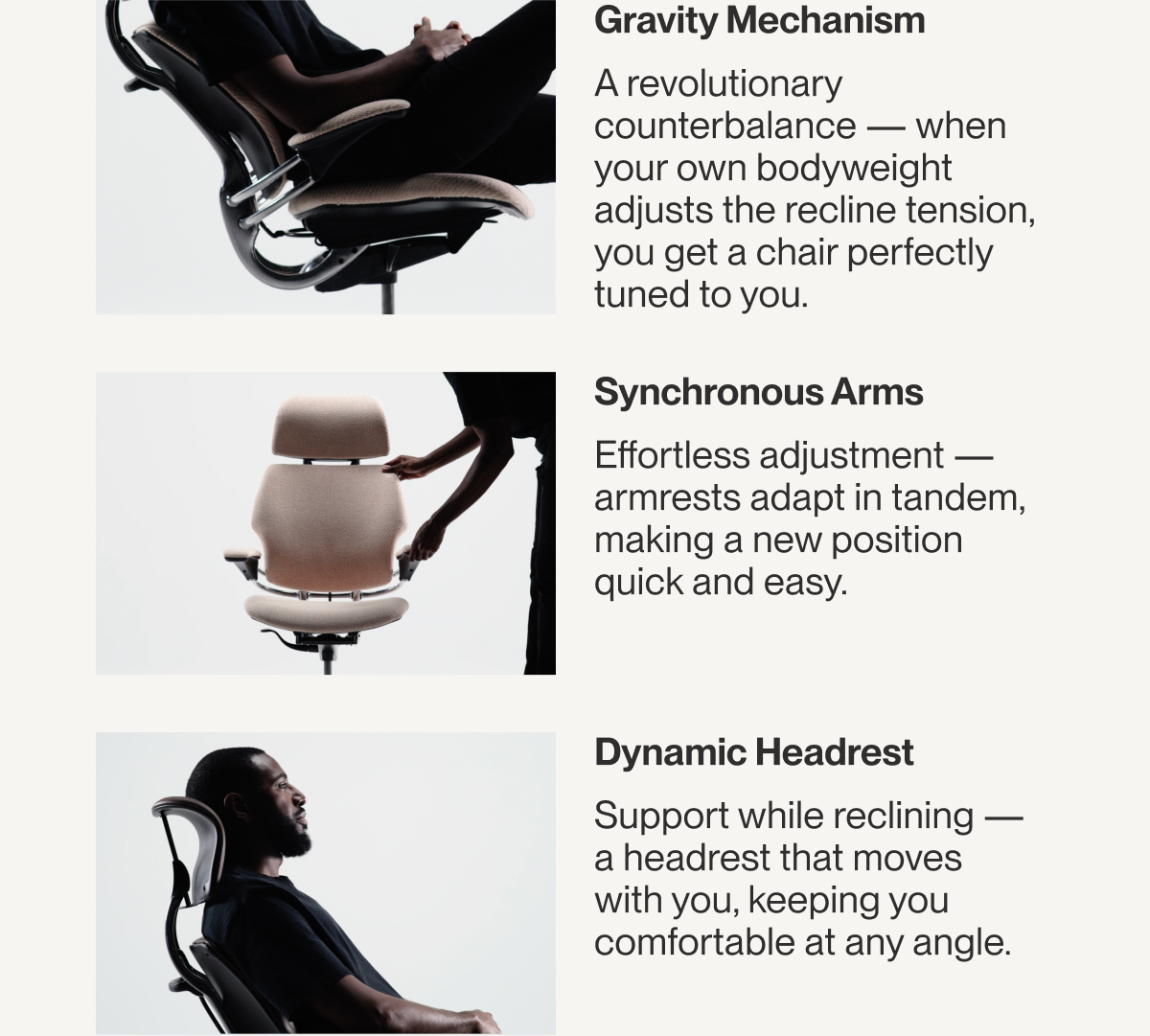 Gravity Mechanism | Synchronous Arms | Dynamic Headrest