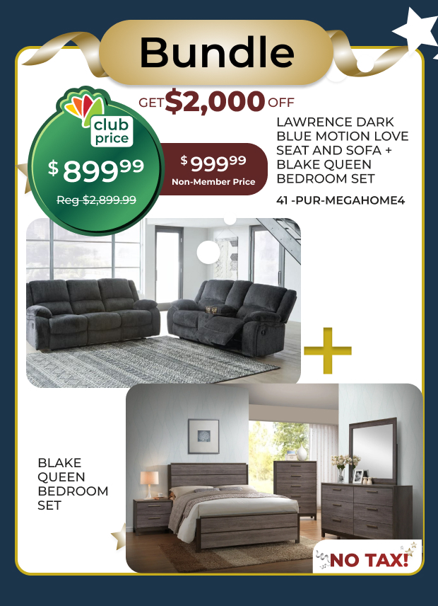 Lawrence Dark Blue Sofa Set + Blake Queen Bedroom