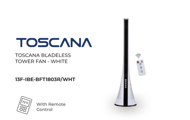 Toscana Bladeless Oscillating Tower Fan with 3 Wind Modes and Timer – White
