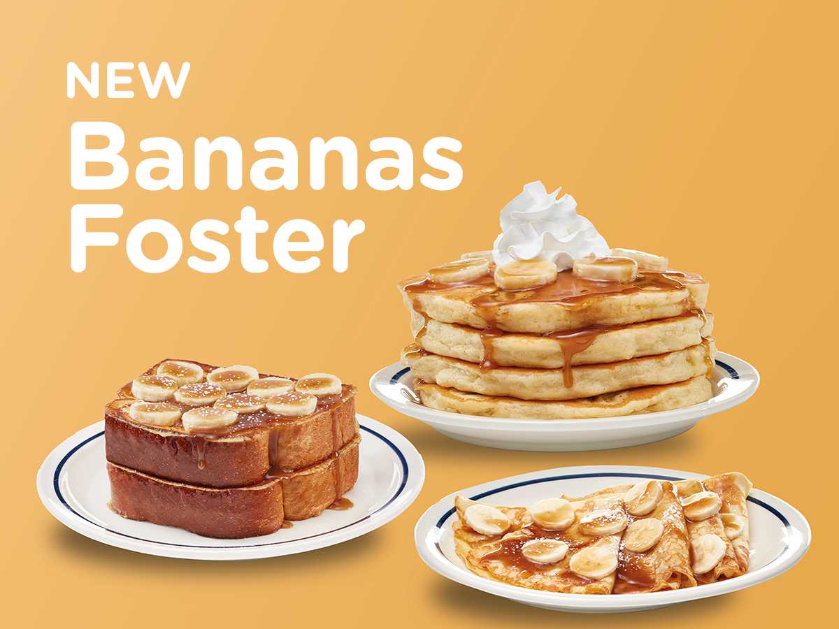 Three Bananas Foster items: pancakes, French Toast, and crepes.