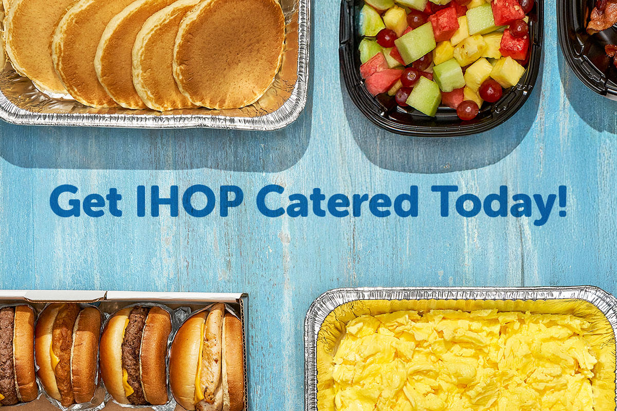 Images of pancakes, fruit salad, burgers, and scrambled eggs in catering tins.