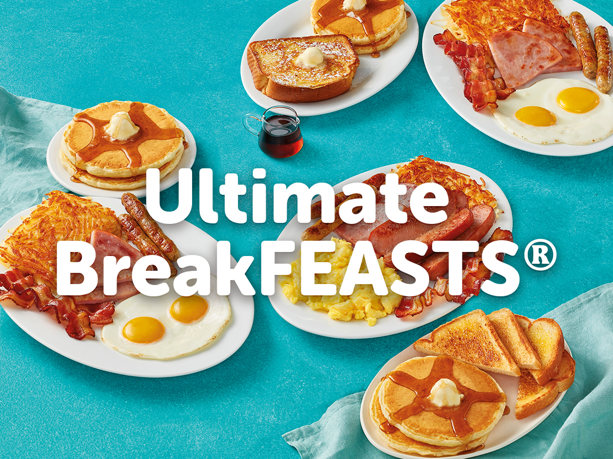 An assortment of IHOP BreakFEASTs®, including the Classic BreakFEAST® Sampler, the Have It All BreakFEAST®, and the Big Farmhouse BreakFEAST®