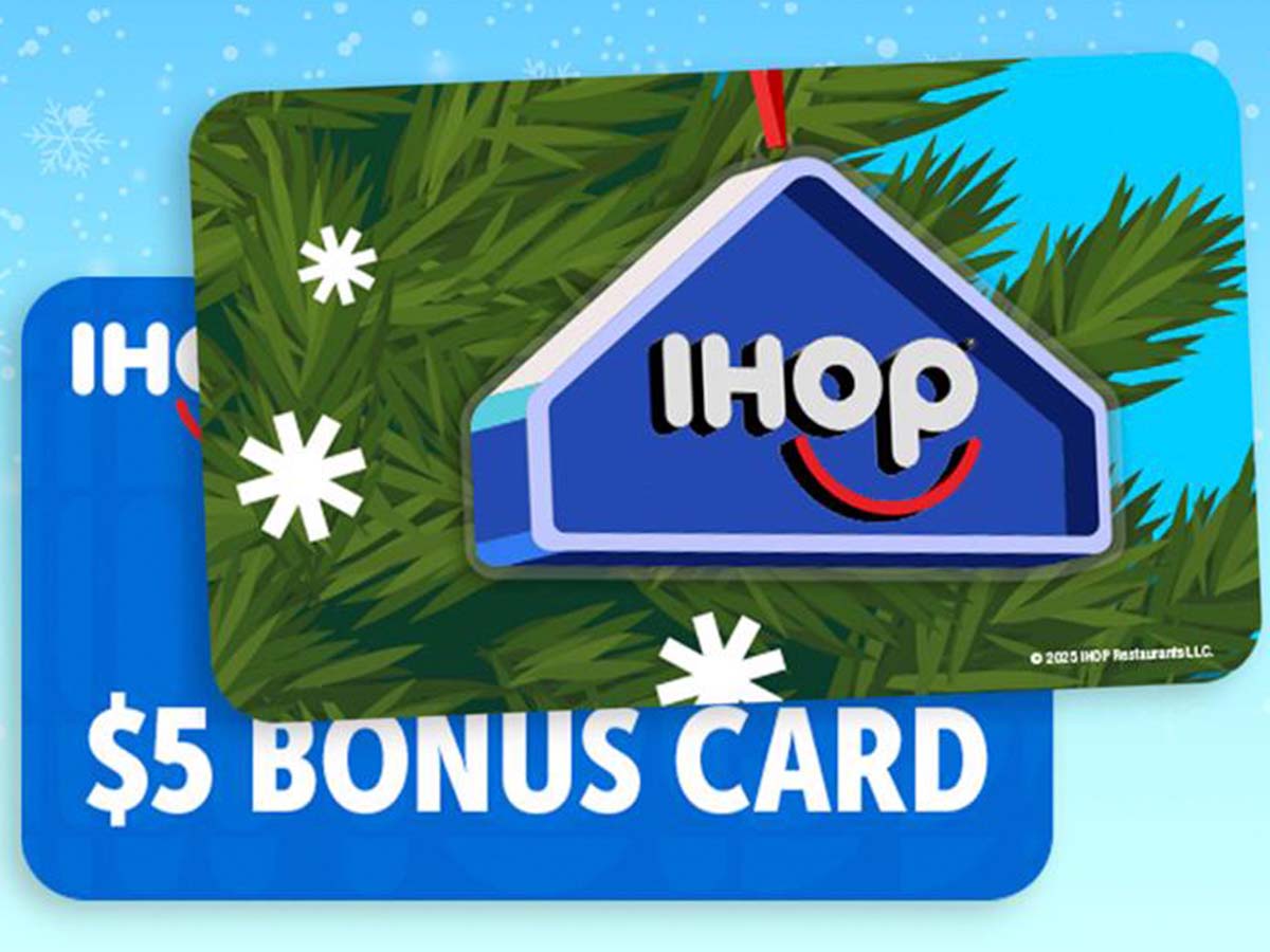 An IHOP Gift card, illustrated with a fir tree and an IHOP ornament, is placed on top of a $5 Bonus Card