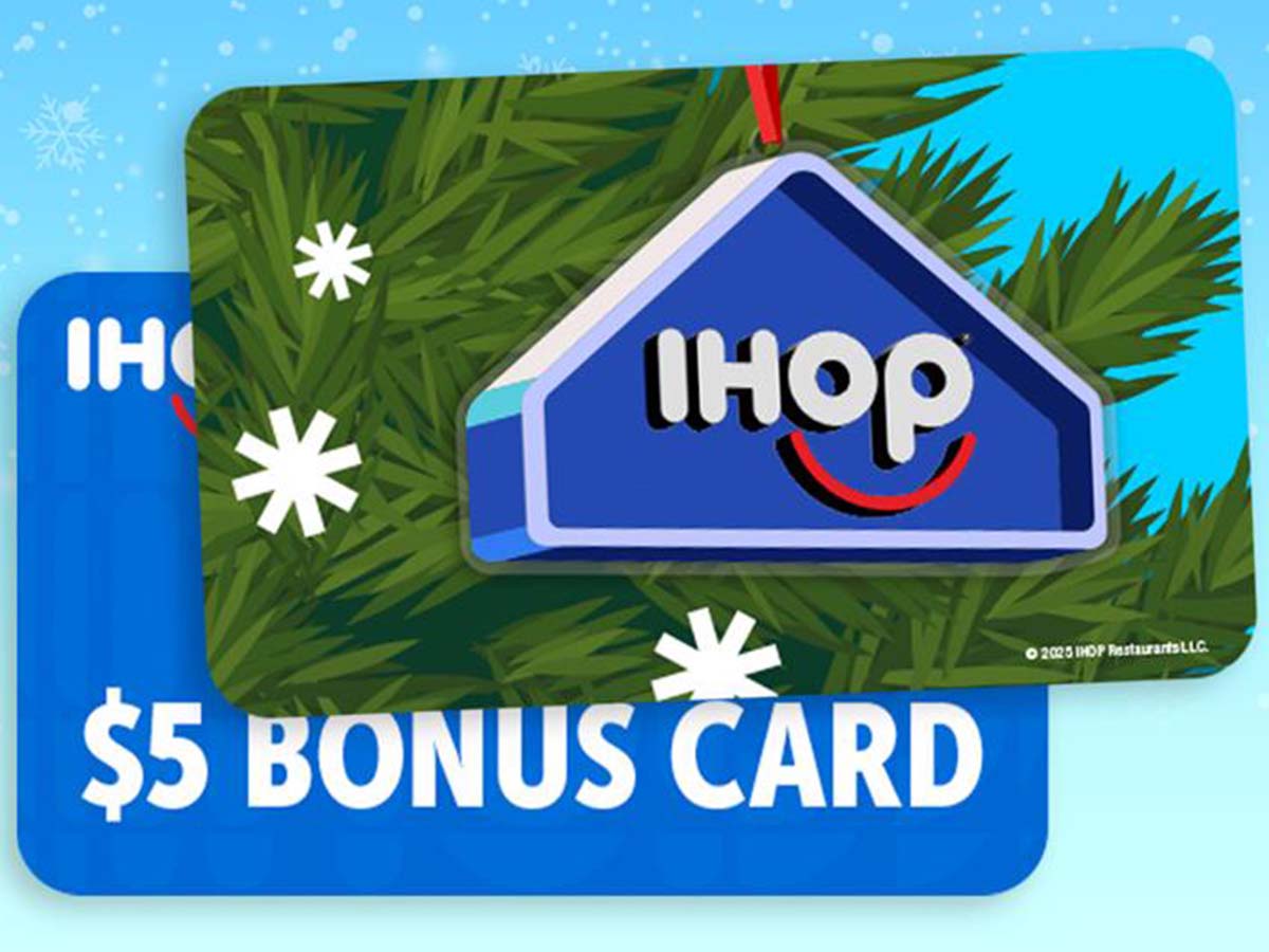 An illustration of an IHOP Gift Card featuring a closeup of an IHOP ornament on a fir tree, with a $5 Bonus Card behind it.