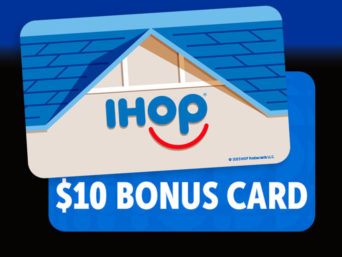 An illustration of an IHOP Gift Card featuring an IHOP restaurant, with a $10 Bonus Card behind it.