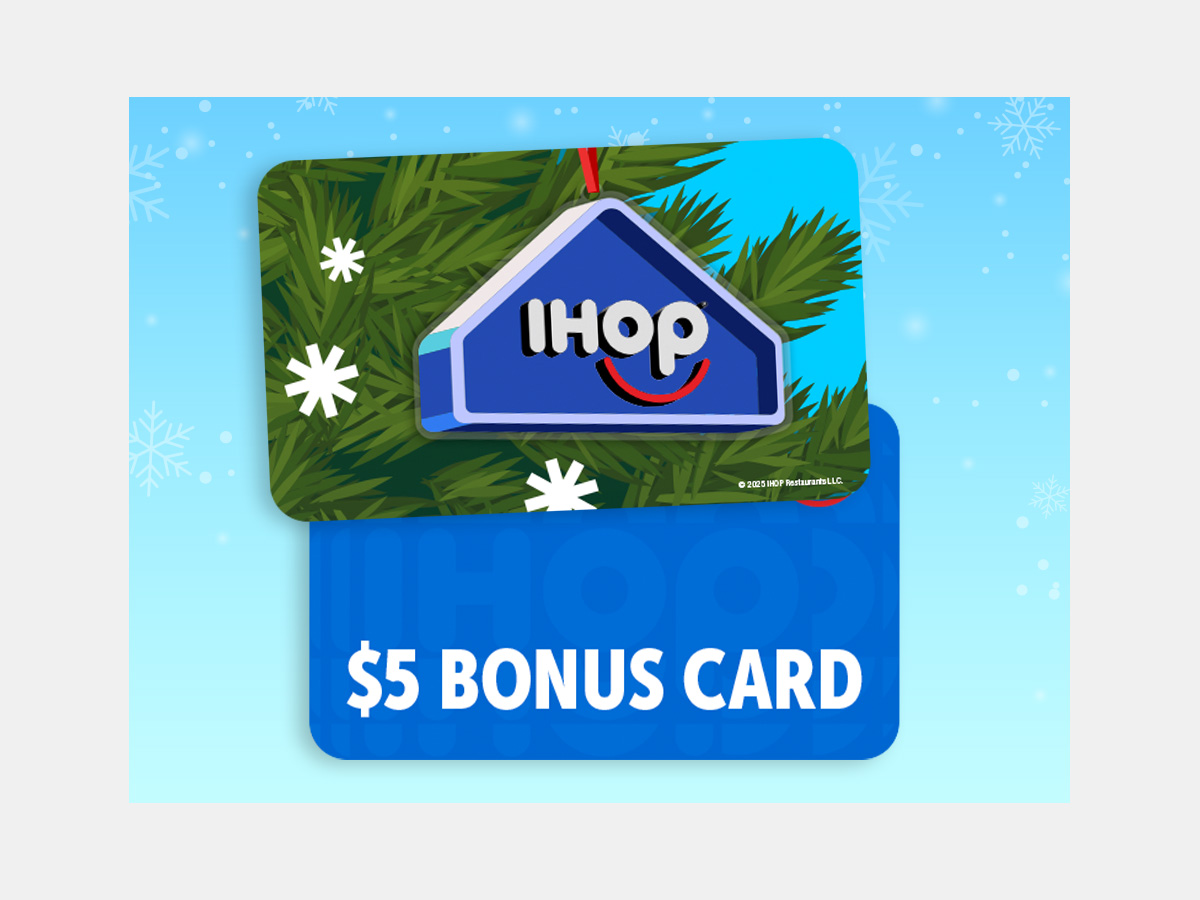 A holiday themed IHOP Gift Card with an illustrated tree and ornament with a $5 Bonus Card underneath