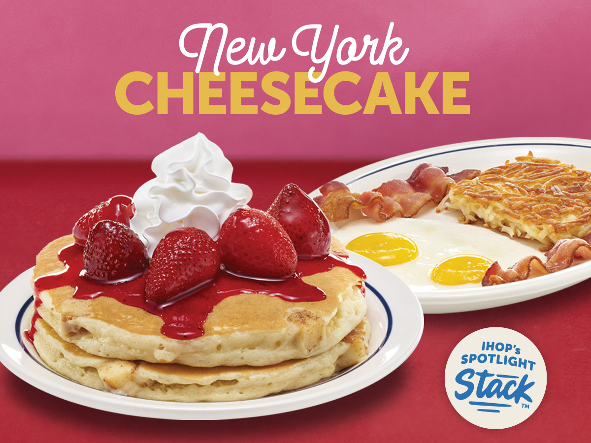 A New York Cheesecake Pancakes Combo, with bacon, two sunny-side up and hash browns.