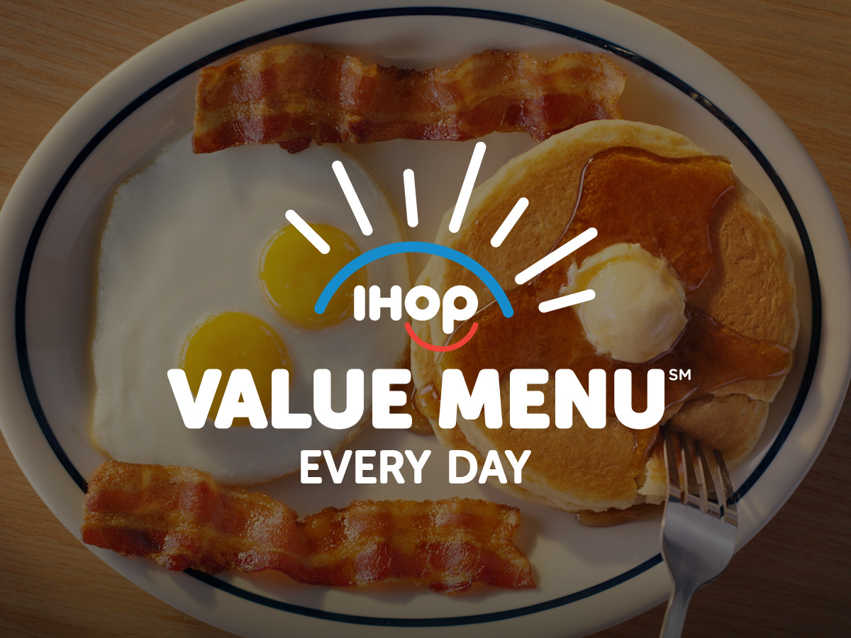 The IHOP Value Menu logo with the text EVERY DAY appears over a plate of the Breakfast Faves Combo