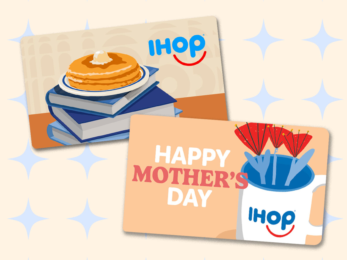 Two illustrated gift cards on a cream background with blue starbursts. One gift card has a plate of pancakes on a stack of books, the other has an IHOP mug filled with flowers and Happy Mothers Day text