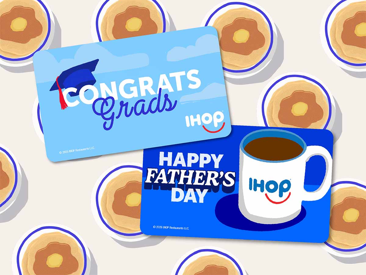 Illustrated gift cards that say Congrats Grads and Happy Fathers Day set against a background with illustrated pancakes on plates