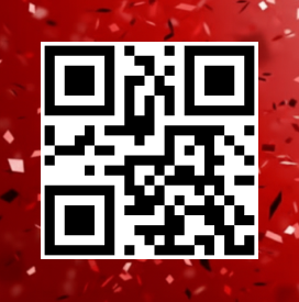 QR code centered on a festive red background with scattered confetti. The image conveys a celebratory and inviting atmosphere.