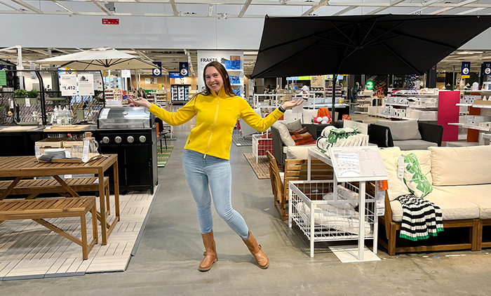 IKEA designer showcasing outdoor furniture