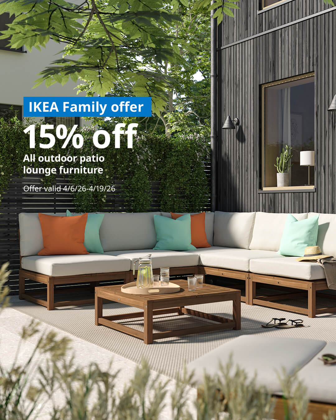 Image of an IKEA outdoor dining table with an IKEA Family offer of up to 20 percent off all outdoor dining tables from 3/16 to 4/5/26