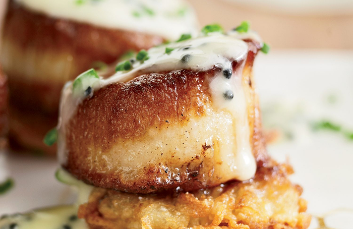 Scallops with Potato Pancakes and Caviar Sauce