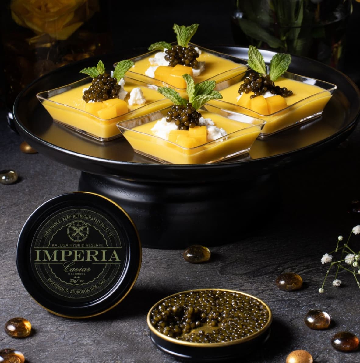 Imperia Caviar mango pudding goat cheese