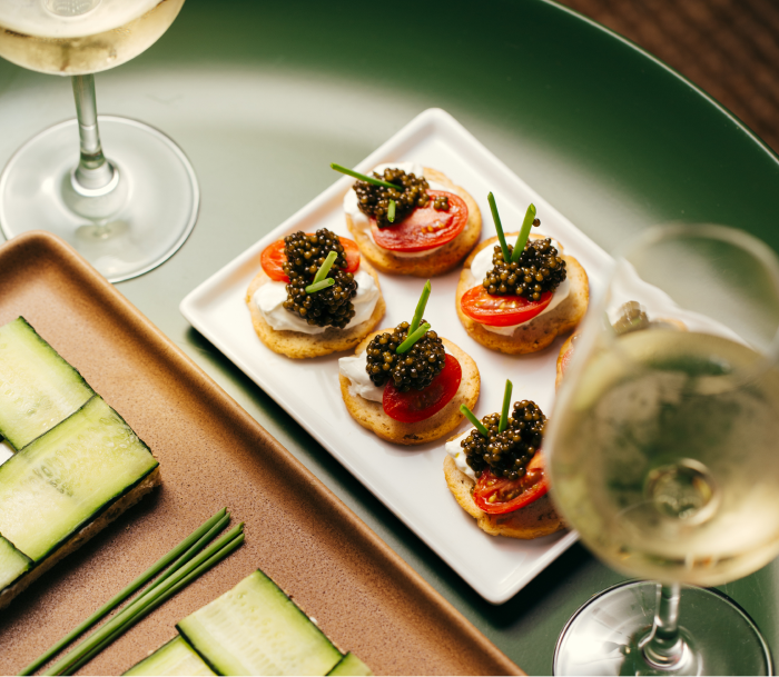 Caviar bites and wine