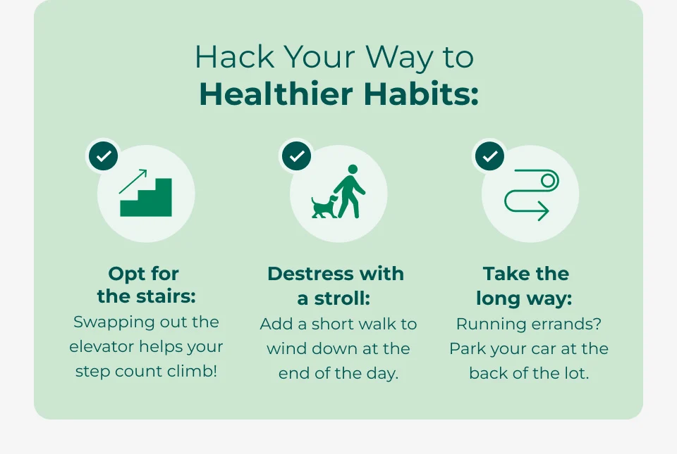 Hack Your Way to  Healthier Habits: 1. Opt for the stairs 2. Destress with a stroll 3. Take the long way
