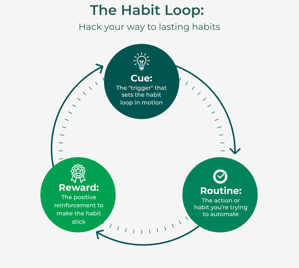 The Habit Loop: Hack your way to lasting habits Cue: The "trigger" that sets the habit loop in motion Routine: The action or habit you're trying to automate Reward: The positive reinforcement to make the habit stick