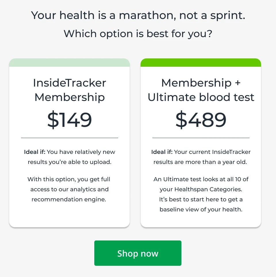 Your health is a marathon, not a sprint. Which option is best for you? InsideTracker - $149 or Membership + Ultimate blood test - $489 Shop now