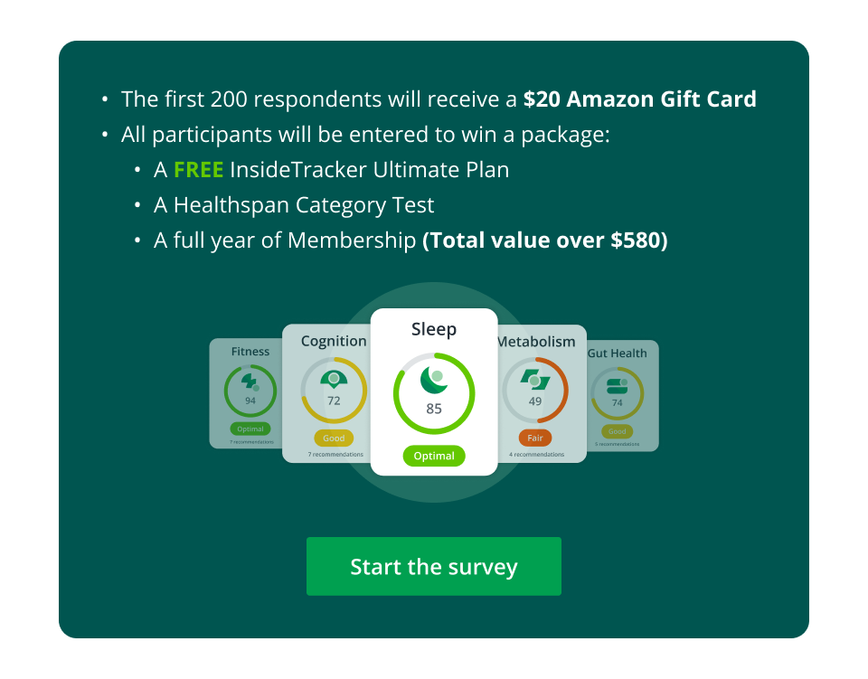 The first 200 respondents will receive a $20 Amazon Gift Card, All participants will be entered to win a package: A FREE InsideTracker Ultimate Plan, A Healthspan Category test, a full year of membership (total value over $580) Start the survey    