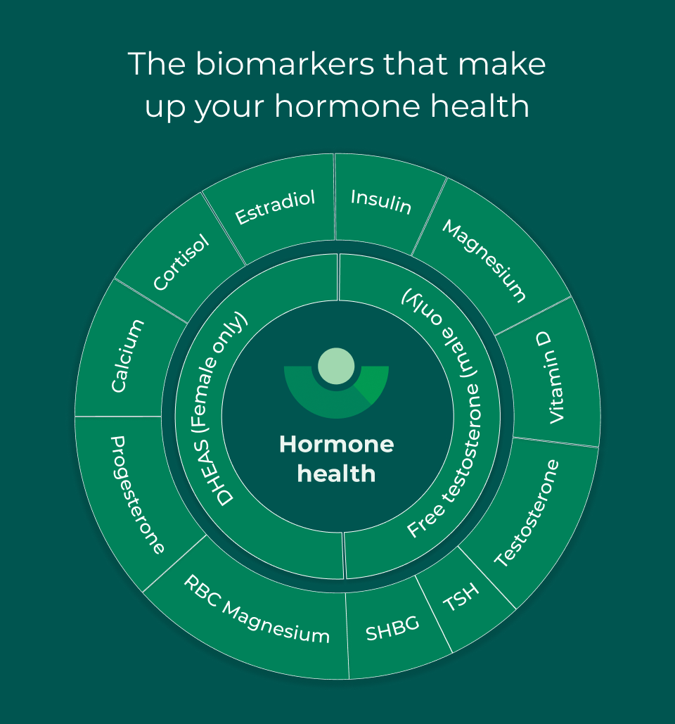 The biomarkers that make up your hormone health: cortisol, estradiol, insulin, magnesium, vitamin d, testosterone, TSH, SHBG, RBD Magnesium, Progesterone, Calcium. Female only: DHEAS. Male only: Free testosterone