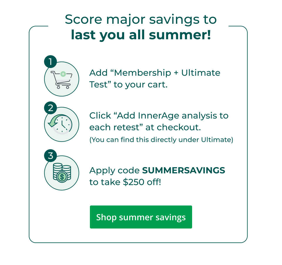 Score major savings to last you all summer! 1.Add “Membership + Ultimate Test” to your cart. 2. Click “Add InnerAge analysis to each retest” at checkout. (You can find this directly under Ultimate) 3. Apply code SUMMERSAVINGS to take $250 off! Click here to shop summer savings