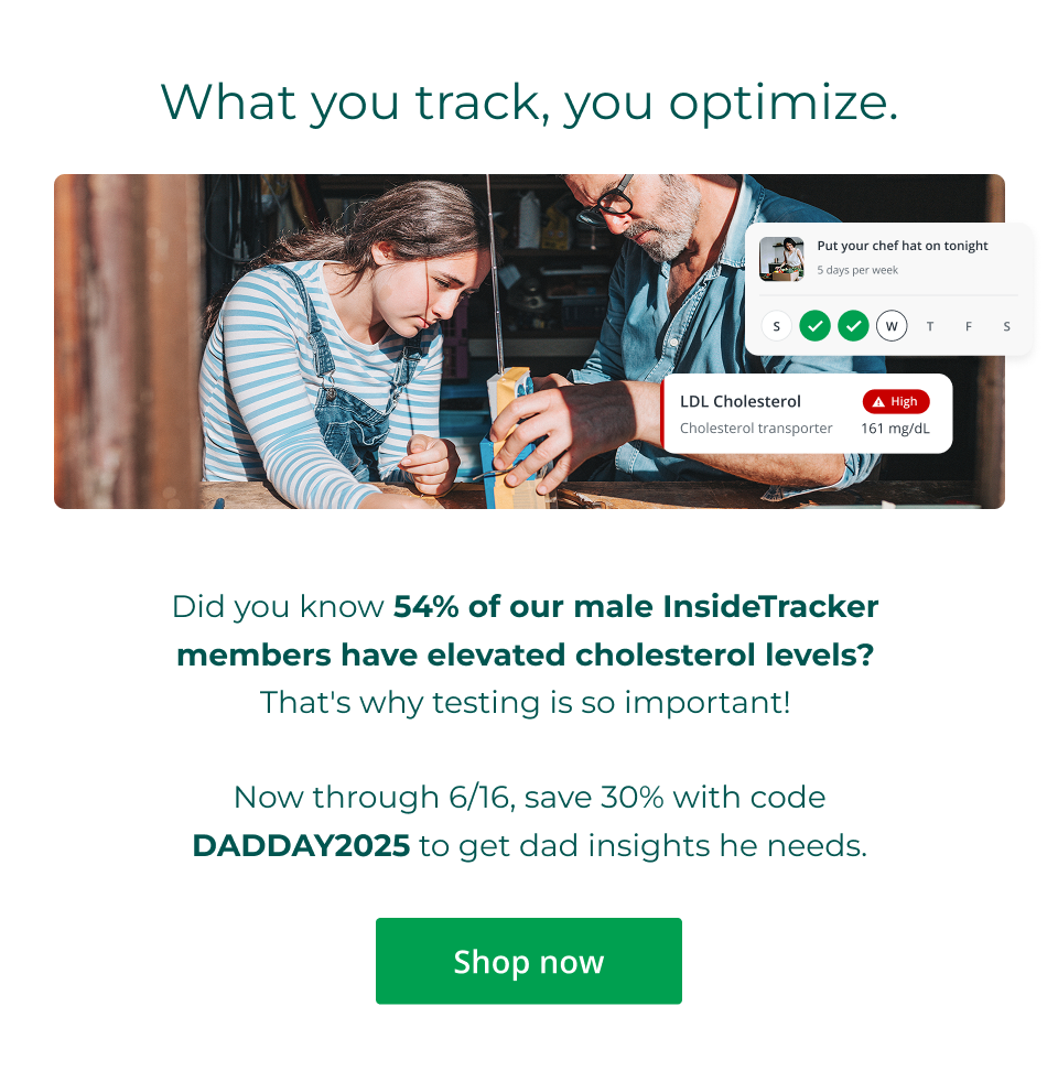 What you track, you optimize. Did you know 54% of our male InsideTracker  members have elevated cholesterol levels?  That's why testing is so important!  Now through 6/16, save 30% with code DADDAY2025 to get dad insights he needs. Click here to shop now.