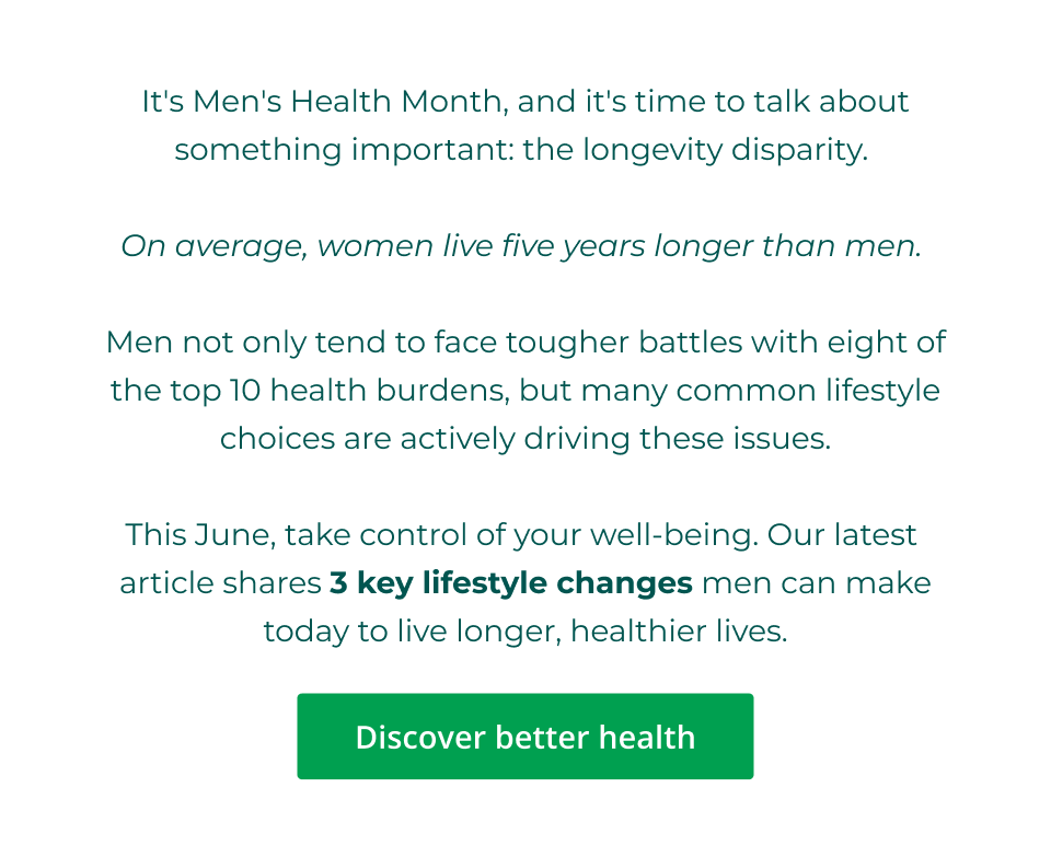 It's Men's Health Month, and it's time to talk about something important: the longevity disparity.   On average, women live five years longer than men.   Men not only tend to face tougher battles with eight of the top 10 health burdens, but many common lifestyle choices are actively driving these issues.  This June, take control of your well-being. Our latest  article shares 3 key lifestyle changes men can make today to live longer, healthier lives. Click here to discover better health
