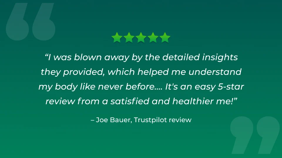“I was blown away by the detailed insights they provided, which helped me understand my body like never before…. It's an easy 5-star review from a satisfied and healthier me!” -Joe Bauer, Trustpilot review