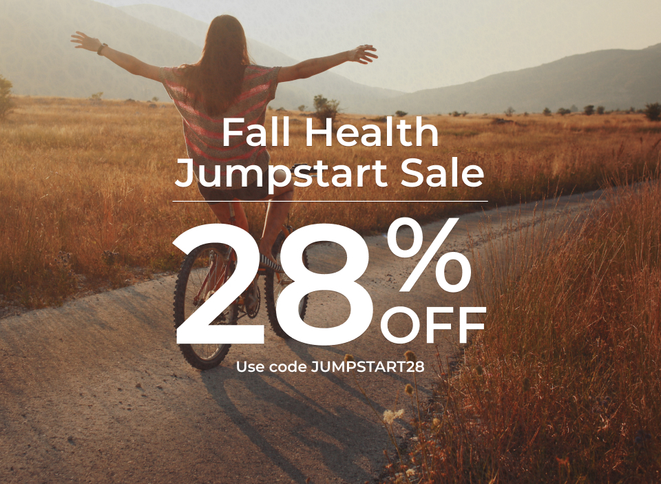 Fall Health Jumpstart Sale – 28% Off. Use code JUMPSTART28. Banner with woman jogging outdoors in autumn scenery, bold sale text overlay.