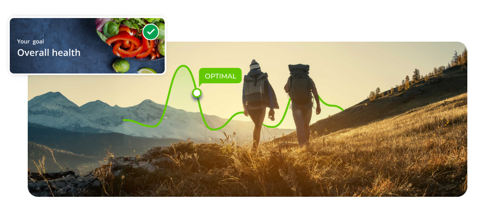 Couple hiking in the mountains with a screen overlay showing Your Goal Overall Health.  There is a green line of a graph in the image with a data point that says Optimal.