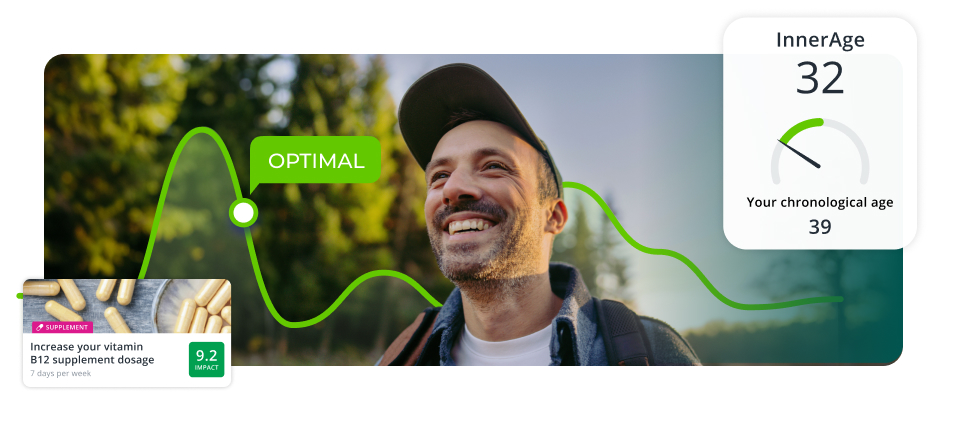 Man hiking in the woods.  Product screen overlays with InnerAge 32 and Your Chronological Age 39.  Recommendation for Increase your vitamin B12 supplement dosage. 