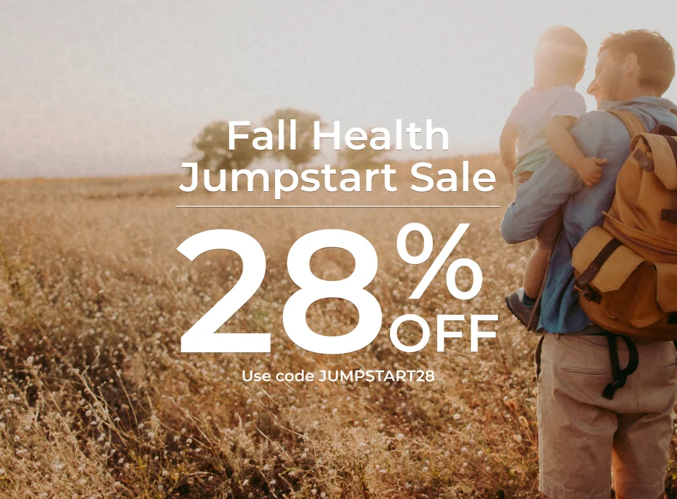 Fall Health Jumpstart Sale – 28% Off. Use code JUMPSTART28. Father and kid walking in a dry field with headline text in bold font.