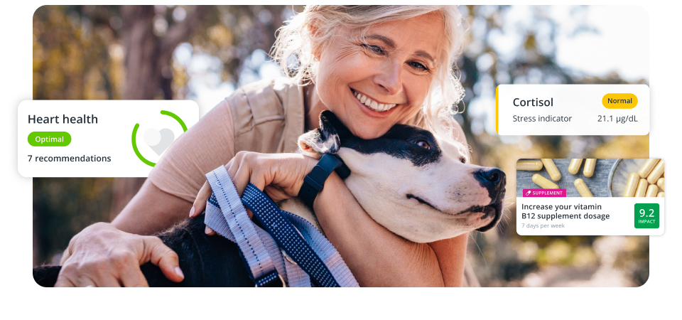 Woman hugging a dog with screen overlays of Heart Health, Cortisol and Increase your vitamin B12 supplement dosage. 
